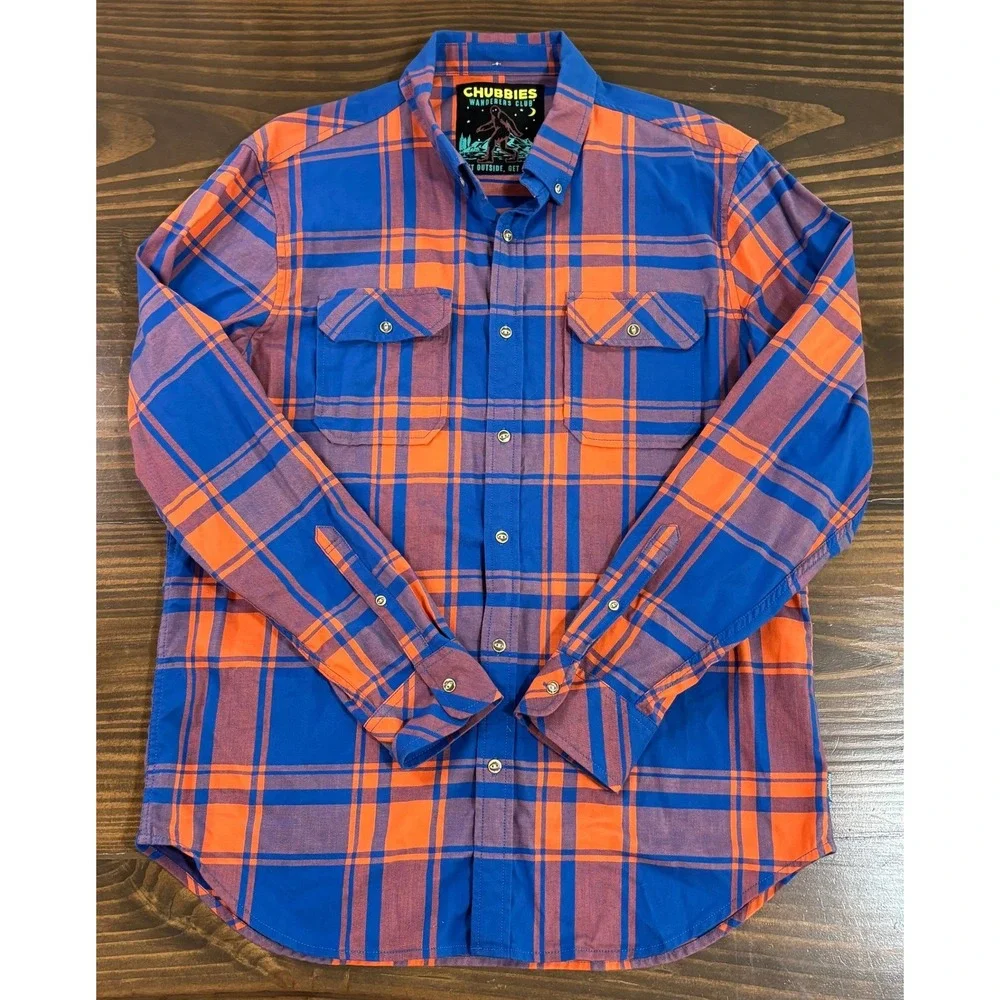 Chubbies Wanderers Club Mens XL Plaid Button Down Shirt Blue Orange Bigfoot - Picture 3 of 10